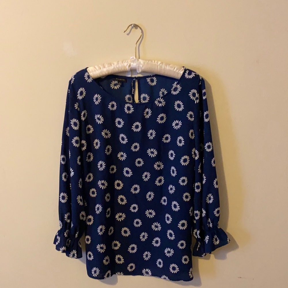Talbots long sleeve navy and white blouse